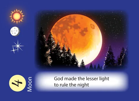 Day 4 card: Moon. A huge orange moon rises over dark pine trees under a starry sky.