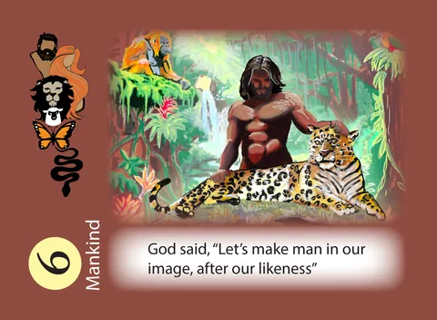 Day 6 card: Mankind. A man sits beside a leopard in a lush green garden.