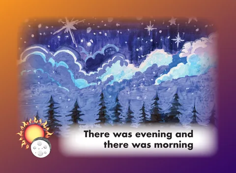 An Evening and Morning card: a starry blue night over pine trees. &ldquo;There was evening and there was morning.&rdquo;